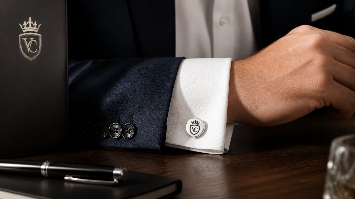 Professional businessman's wrist with polished sterling silver cufflinks featuring crown design, cuff visible against crisp white dress shirt sleeve, natural light highlighting metal finish and detail