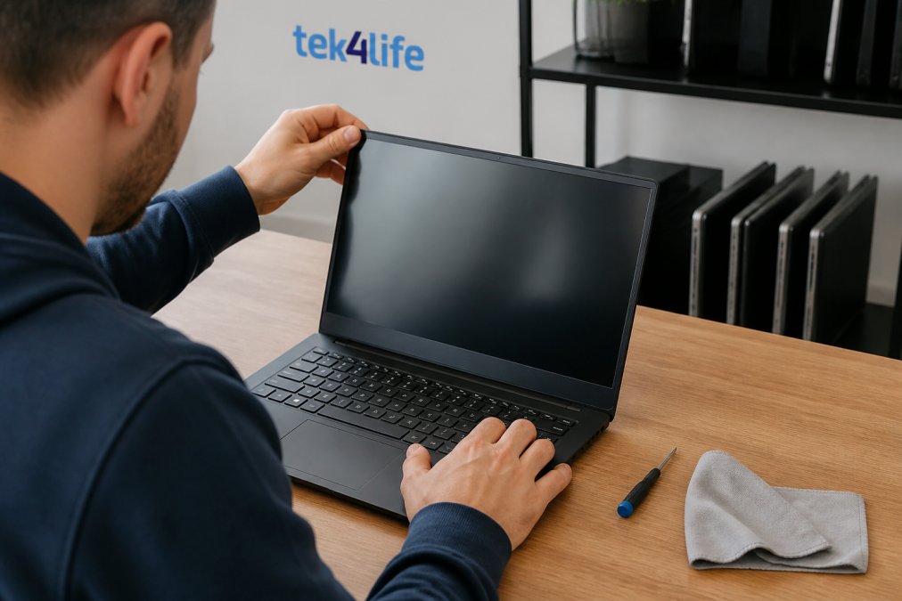 Mãos inspecionam um notebook recondicionado sobre uma mesa com ferramentas de limpeza e manutenção visíveis.
