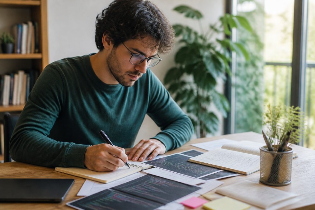 Joven profesional analizando gráficos de datos en un monitor, con notas manuscritas y código impreso sobre un escritorio moderno iluminado por luz natural