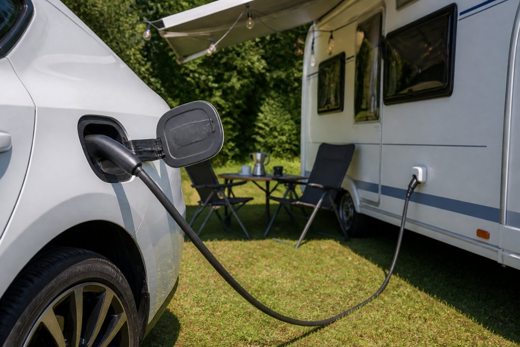 En elbil parkeret ved en campingvogn på en græsplæne, med et V2L-adapterkabel tilsluttet bilens Type 2-ladeport og ført hen til campingvognens stik. Campingstole og en kaffekande på et bord i baggrunden, dagslys.