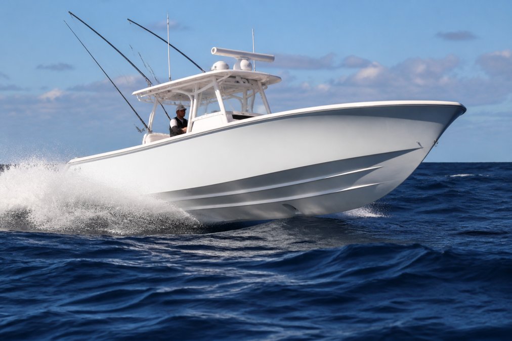 A Valhalla center console cutting through heavy offshore seas with white spray visible, showing the boat's aggressive deadrise and hull shape in action under bright sunlight
