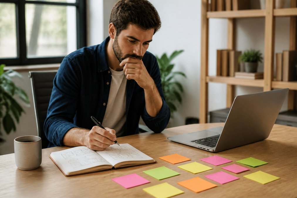 Un emprendedor frente a un ordenador portátil en una mesa de trabajo, con notas adhesivas de colores y un cuaderno con esquemas, en un ambiente luminoso y moderno