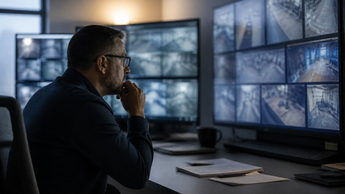 Security architect reviewing agent execution traces on multiple monitors displaying workflow paths, decision trees, and tool call logs in a modern control center with focused lighting on the screens
