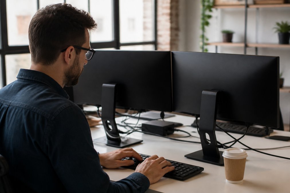 Software developer seated at desk with dual monitors displaying JSON schema validation code and error logs, with a fresh coffee cup beside the keyboard in a modern office environment