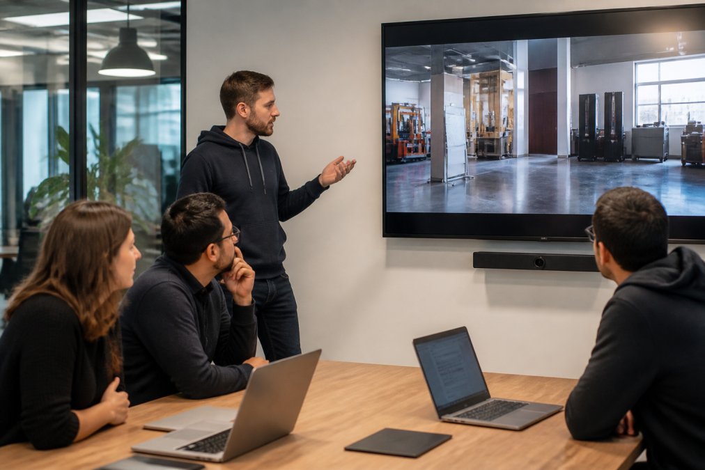 Team of engineers gathered around a large conference table reviewing deployment pipeline architecture diagrams displayed on a wall-mounted screen in a modern tech office