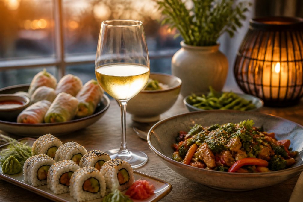 Ett glas riesling på ett bord med sushi, vårrullar och wokgrönsaker i bakgrunden, mjukt kvällsljus