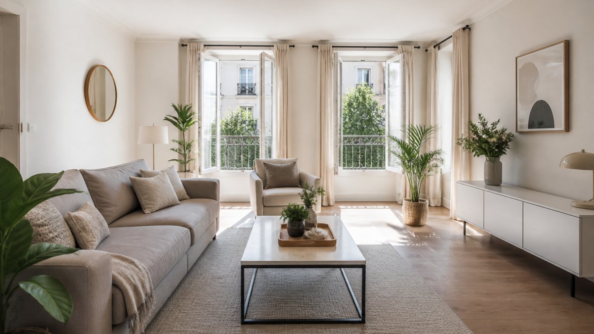 Salon lumineux et épuré pour valoriser sa maison vente avec une décoration moderne et des plantes vertes.