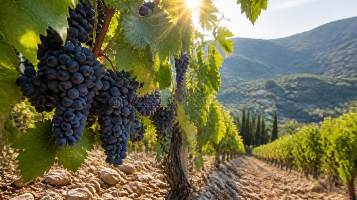 Närbild av mogna röda druvor på vinstocken i italienskt berglandskap, med solljus genom löven och steniga jordar synliga under ranken