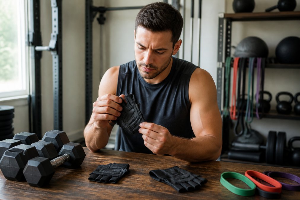 A fitness enthusiast inspecting the stitching and material of a pair of workout gloves in a well-lit home gym, with dumbbells and resistance bands visible in the background