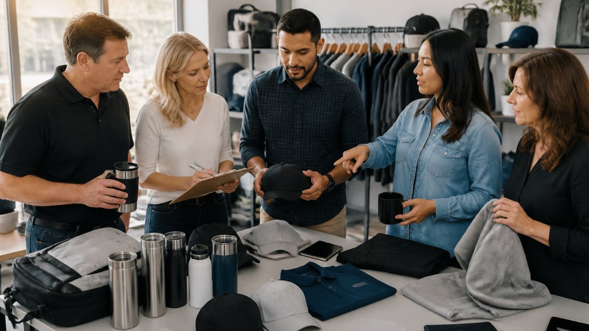 Marketing team reviewing before-and-after product images on desktop monitor in professional office, with team members pointing and discussing visual improvements and color consistency