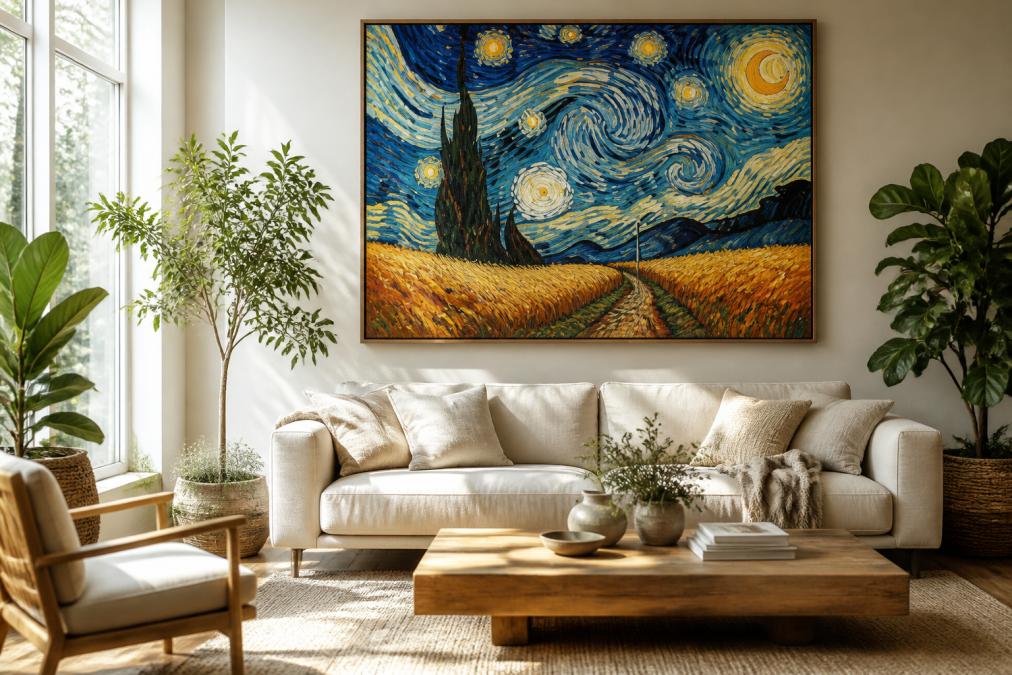 Diagram illustrating how to style van gogh inspired digital art prints in a sunlit modern living room layout