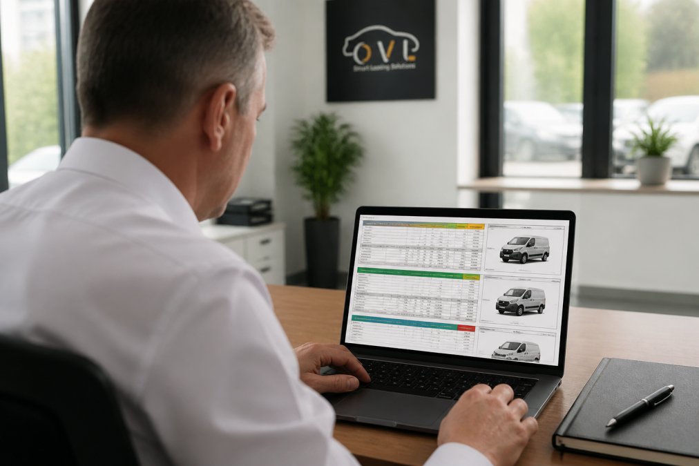 Fleet manager reviewing multiple van leasing contract options on a laptop in a bright office space, with colour-coded spreadsheets and van specifications visible on the screen