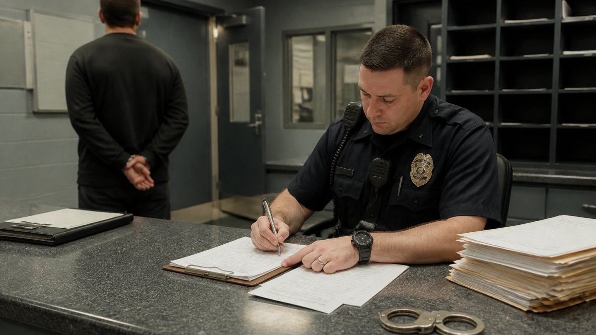 Police officer at booking desk processing arrest paperwork in formal police station environment with fluorescent lighting and filing systems visible