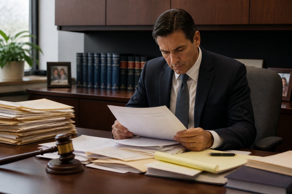 Professional attorney in business suit reviewing case files and evidence documents at a desk with a notepad and pen, focused expression in modern law office with natural lighting