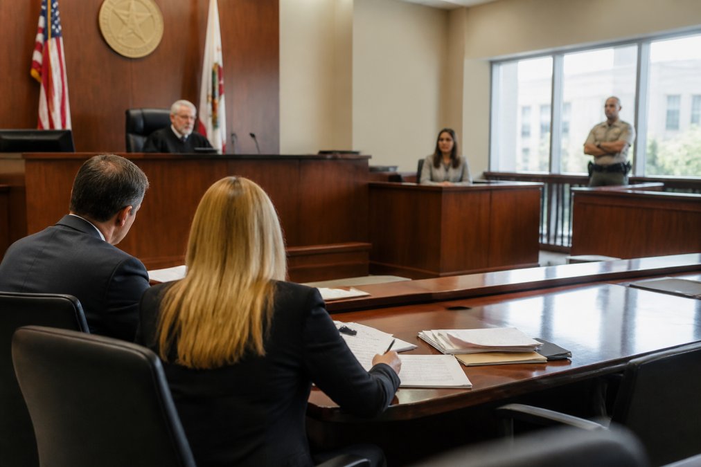 Courtroom interior with wooden judge's bench, attorney tables, and witness stand in Van Nuys Superior Court during proceedings, natural light from windows