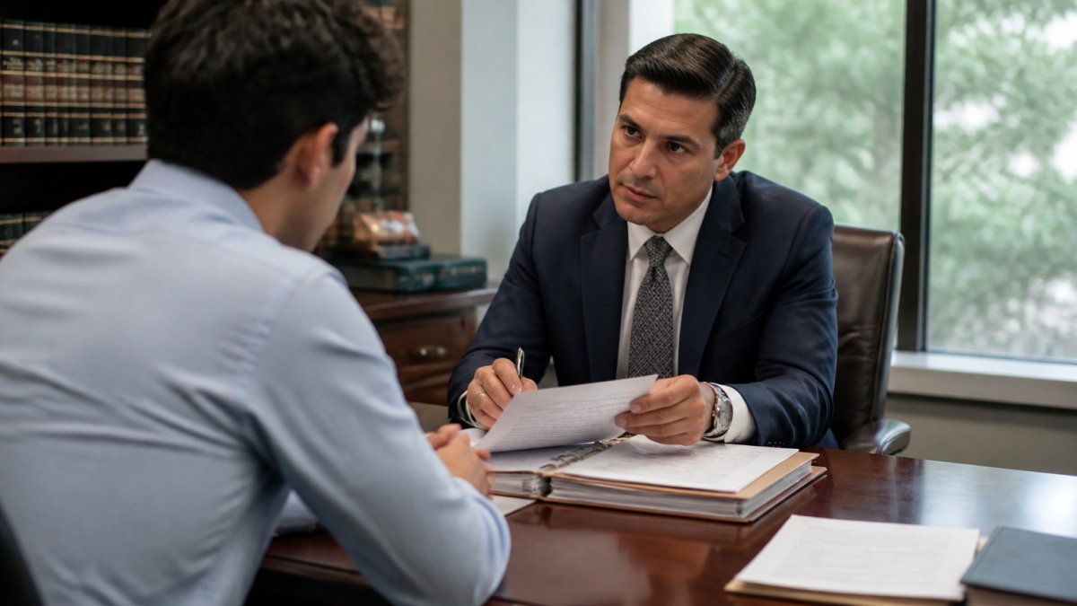 Criminal defense attorney meeting with client in professional law office consultation room, reviewing case documents and discussing legal strategy with serious focus