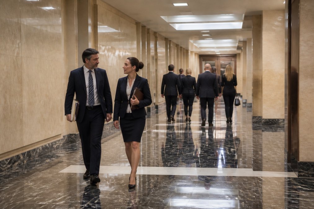 Interior of a modern courthouse hallway with polished marble floors and professional lighting, legal professionals in business attire walking and conferring in the formal judicial environment