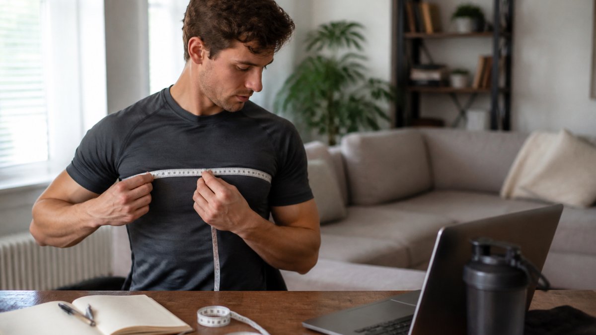 A person using a soft measuring tape to take their own chest measurement at home, with a laptop open to a size chart on a table nearby