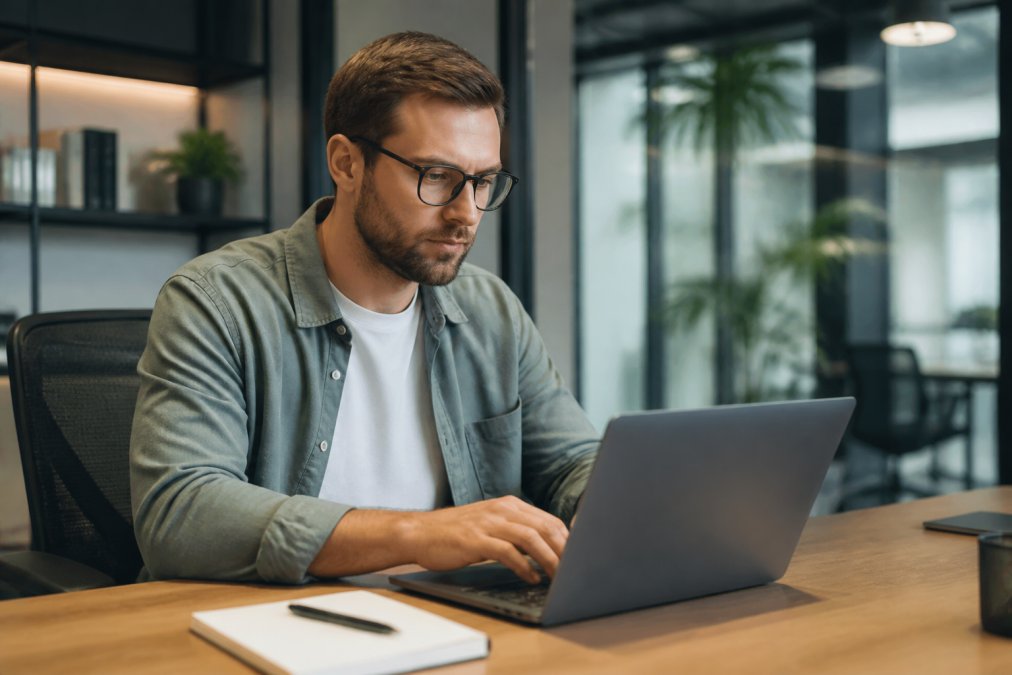 Profissional a trabalhar num portátil recondicionado num espaço de trabalho moderno, mostrando o equipamento em utilização prática com foco e concentração