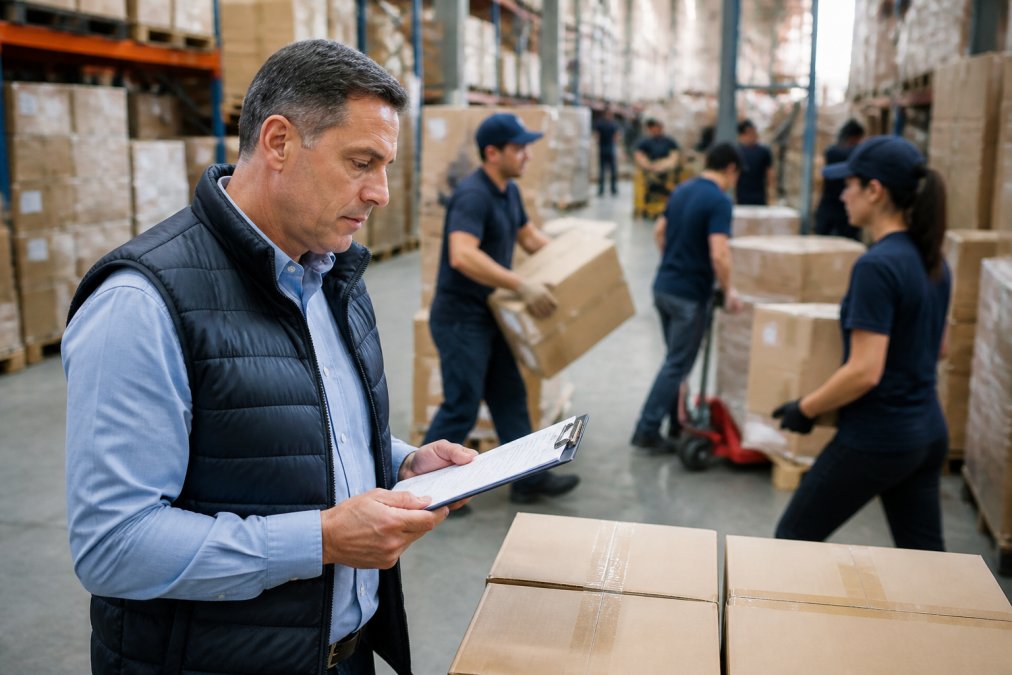 A warehouse supervisor in a manufacturing facility reviewing order sheets on a clipboard while workers move boxes in the background, conveying a busy seasonal peak period