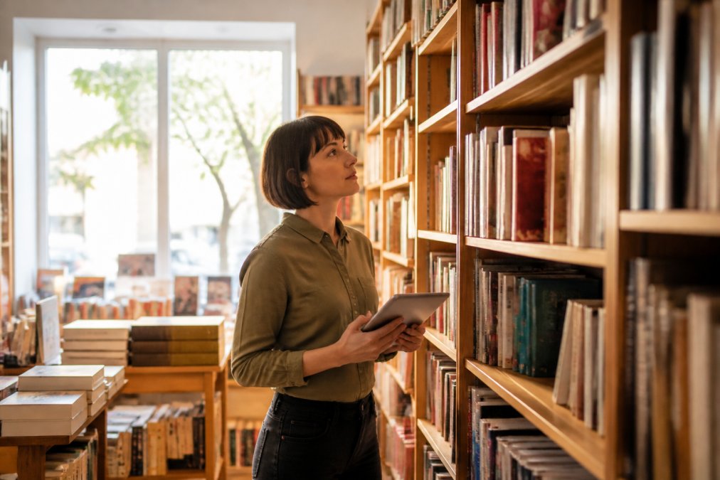 A bookseller standing in the aisles of an independent bookstore, holding a tablet and checking stock levels against the shelves, with warm natural light coming through the shop window