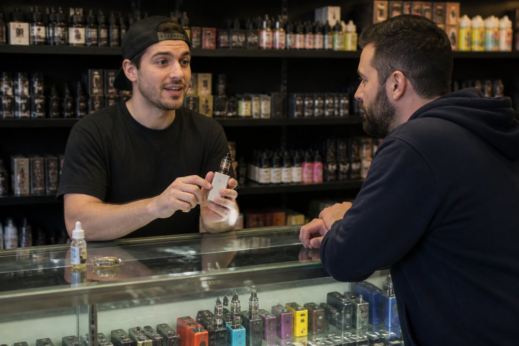 A friendly vape shop staff member showing a customer a refillable vape device across a well-stocked retail counter, both looking engaged in conversation under warm retail lighting