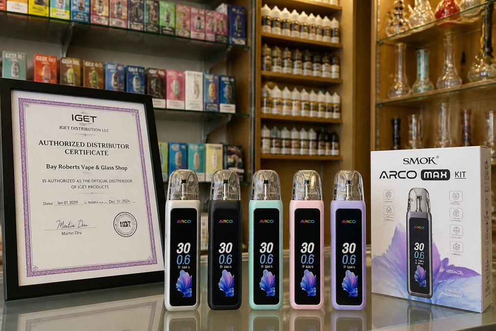 Premium vaping devices and accessories displayed on a retail shelf with authentic brand packaging clearly visible, including licensing certificates and verification markers in professional retail lighting