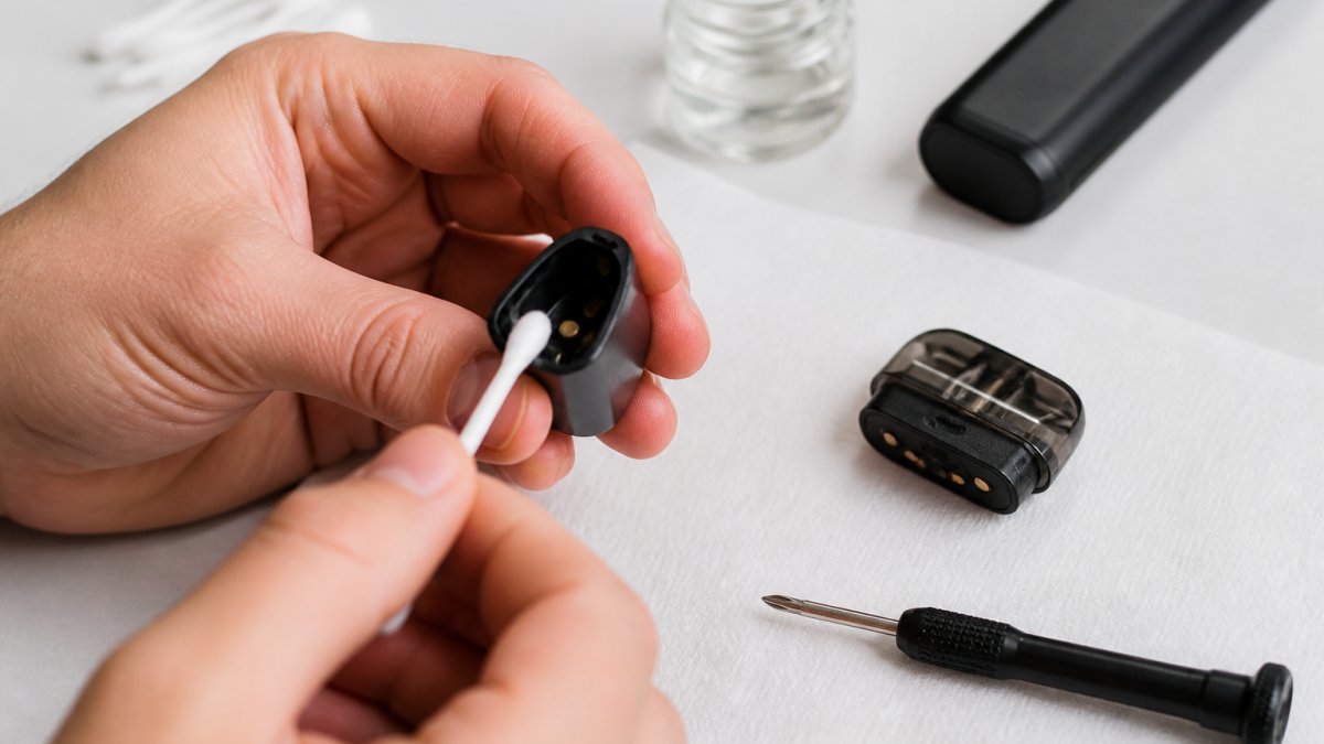 Close-up of hands using a cotton swab to clean the metal contacts inside a pod vape device on a clean workbench, with a small screwdriver and replacement pod nearby