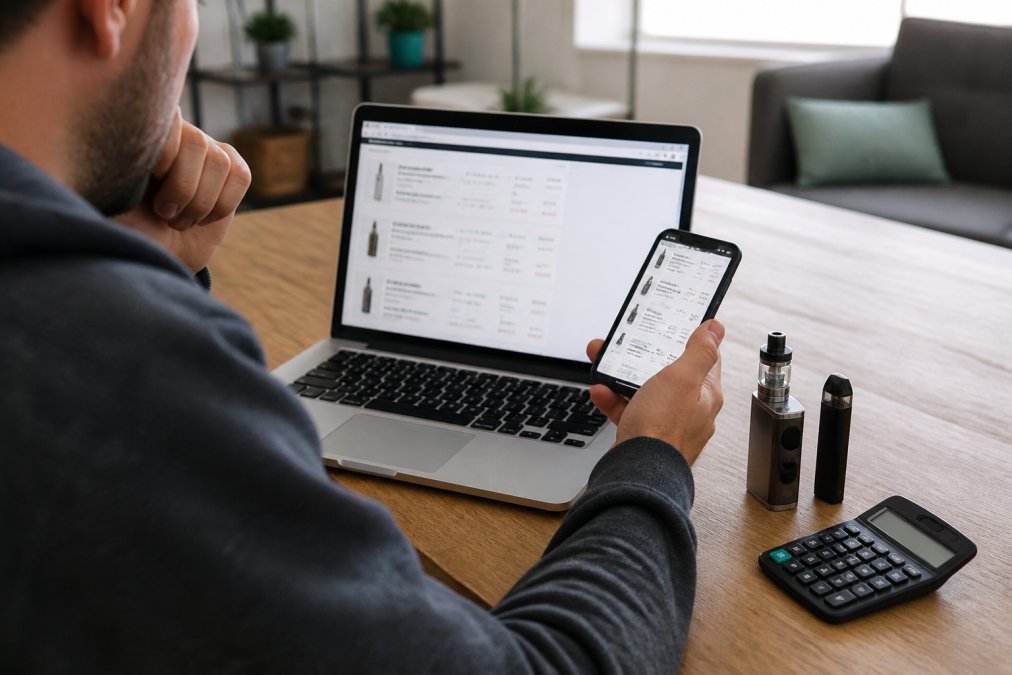 A person comparing vape prices on a laptop and smartphone at a wooden table, with a vape device and calculator beside them, in a bright home setting