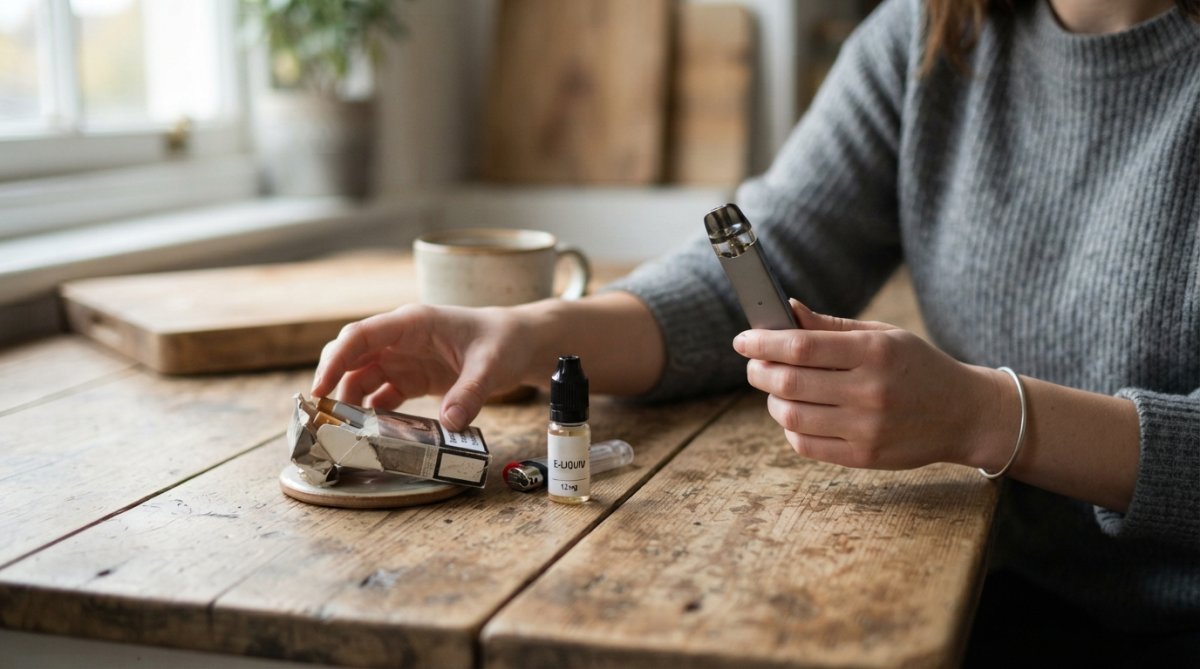 A person holding a modern pod vape device in one hand while placing a pack of cigarettes aside on a kitchen table, natural daylight