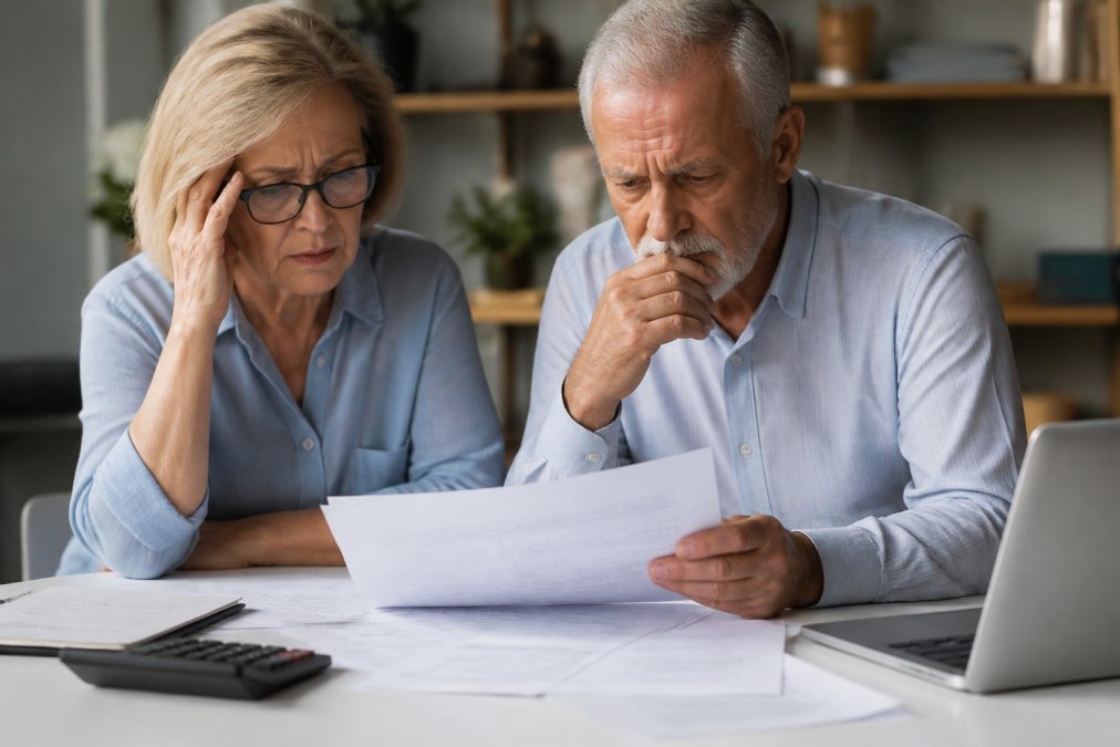 Older adult reviewing financial documents and assessing variable annuity risk at a desk with a laptop