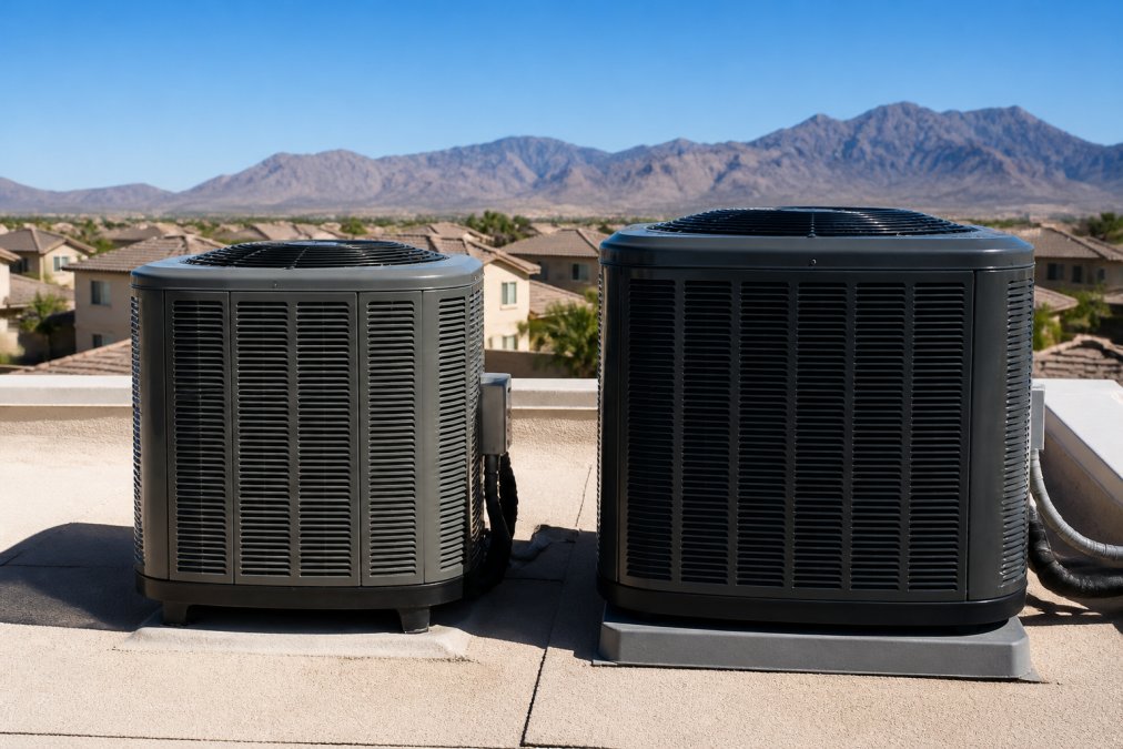 An older single-stage unit beside a modern variable-speed AC on a residential rooftop under bright desert sun.