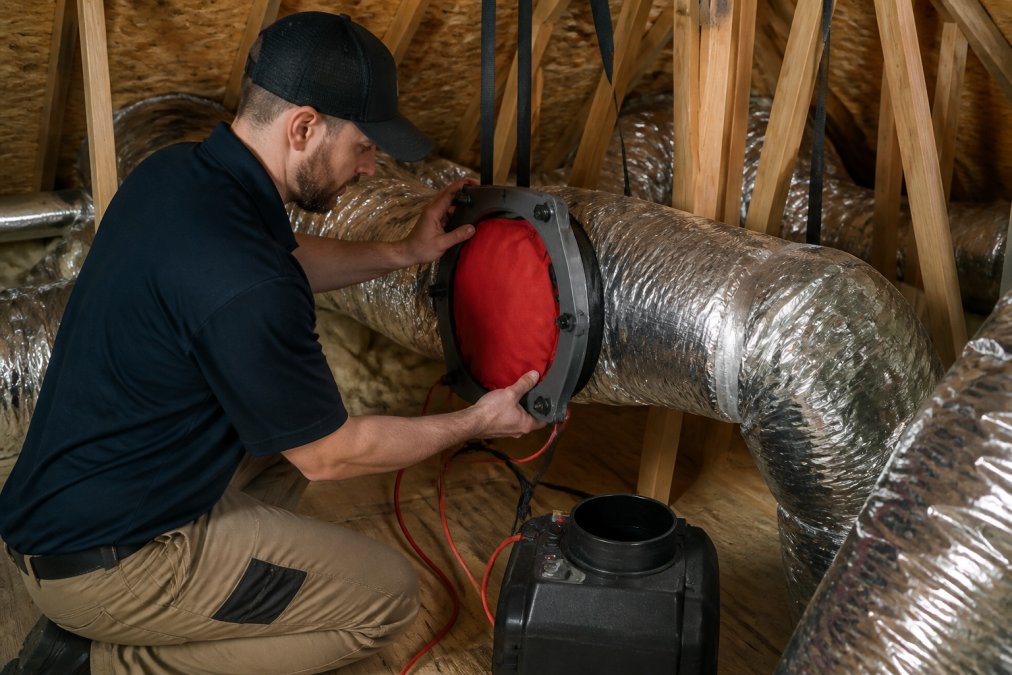 HVAC technician using a duct blaster test to measure air leakage in residential ductwork, showing diagnostic equipment and sealed ducts