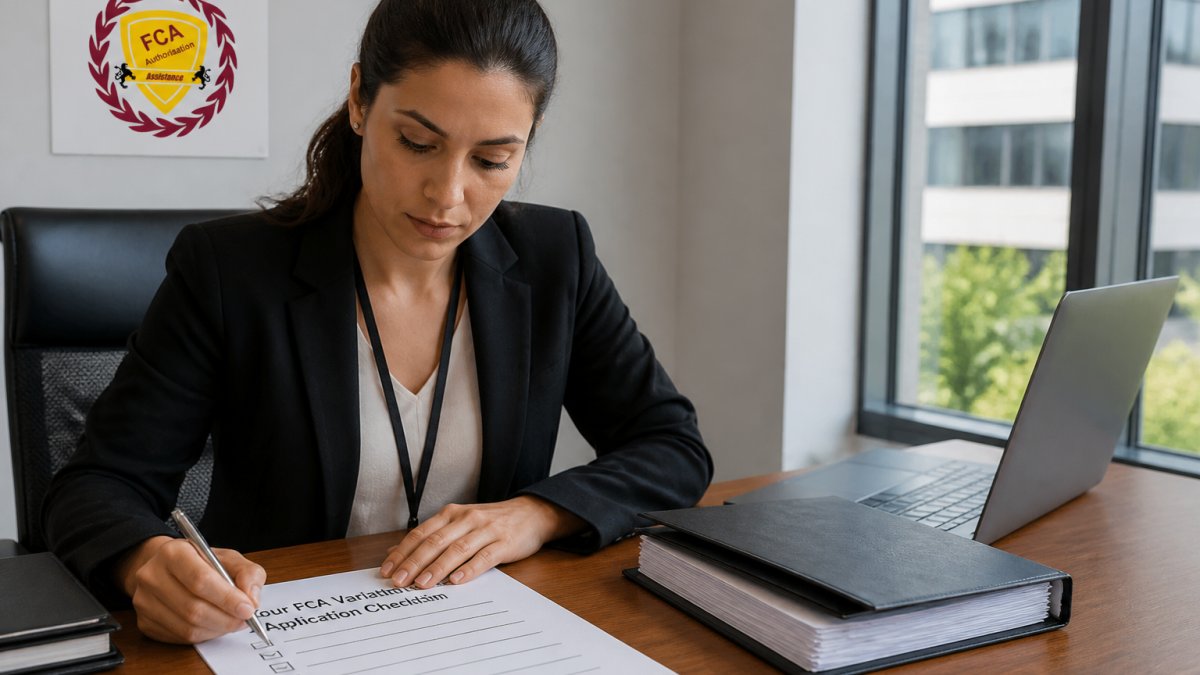 A compliance officer at a desk reviewing a printed checklist beside a laptop showing a regulatory portal, with a pen and folder of supporting documents nearby