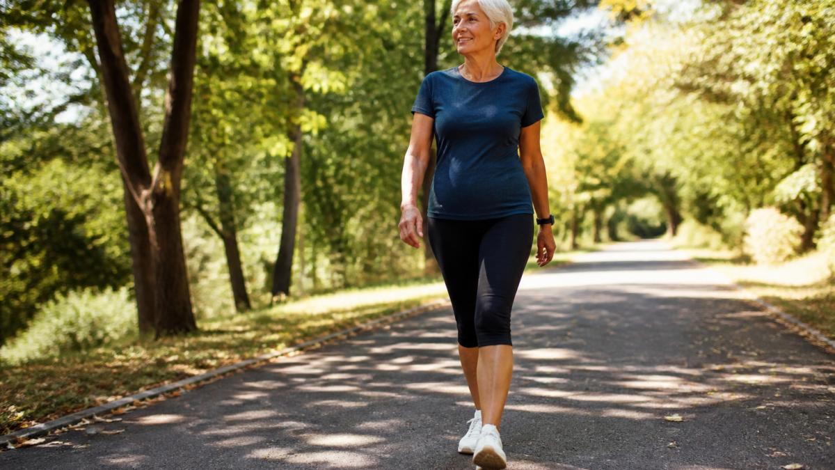 Older adult in casual athletic wear walking confidently on a sunny outdoor path lined with trees, with a relaxed, healthy expression