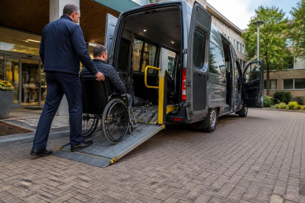 Gecertificeerde chauffeur helpt rolstoelgebruiker in een vaste rolstoeltaxi voor zorginstellingen Utrecht.