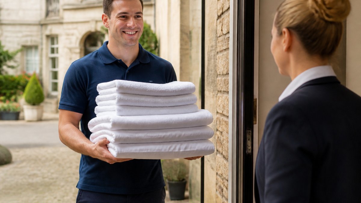 Professional laundry delivery service worker holding clean, folded linens and towels at the door of a hotel in South Limburg, morning sunlight