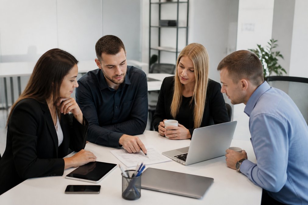 E-commerce team collaborating around a table with multiple devices showing marketplace listings and compliance dashboards in bright office setting