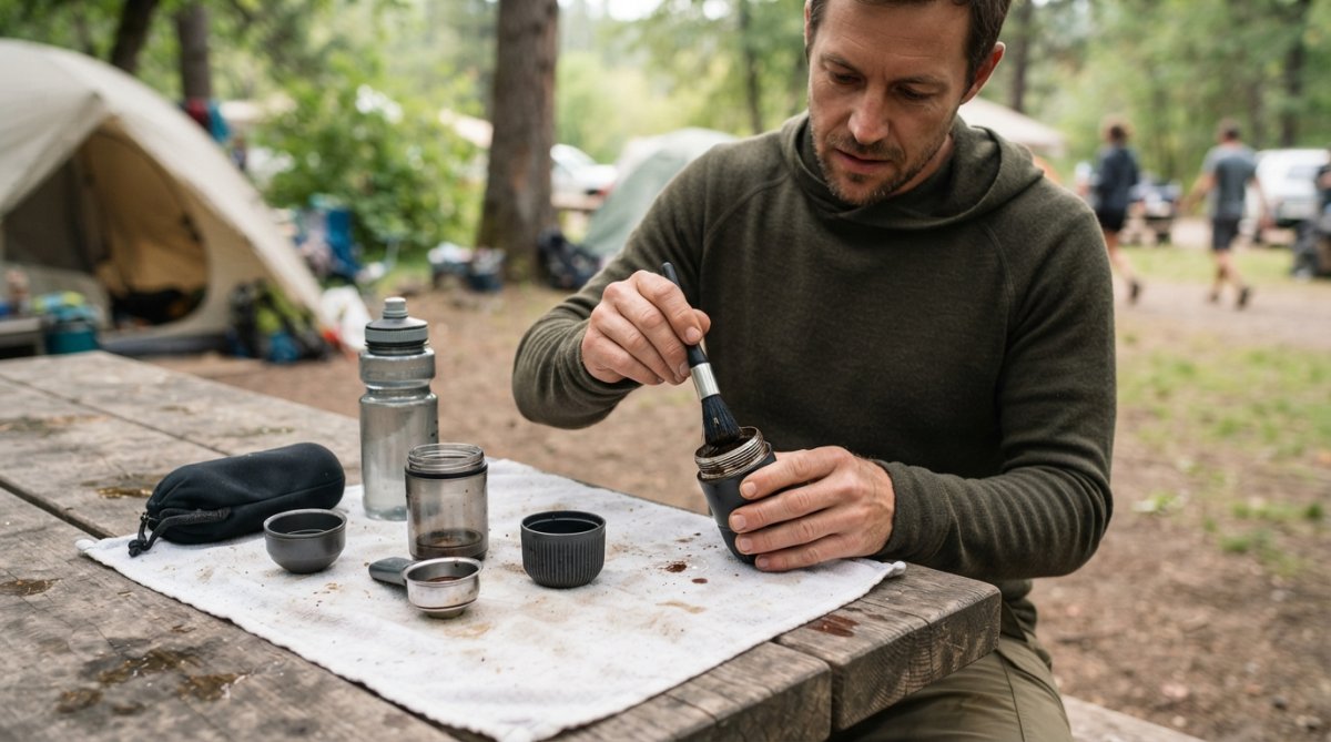 Mand rengør bærbar espressomaskine på campingplads som del af vedligeholdelse af bærbar espressomaskine på farten
