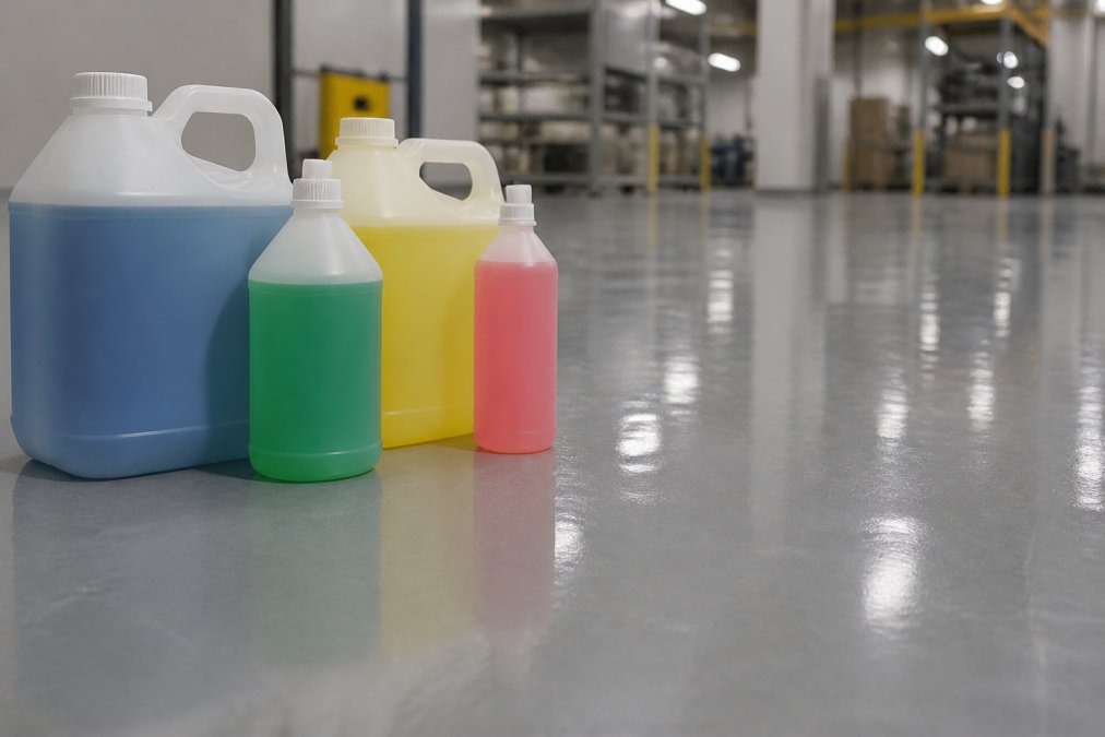 Nærbillede af forskellige pH-neutrale rengøringsmidler i farvede flasker stillet ved siden af en glinsende industriel PVC-gulvflade med reflektioner af arbejdslys