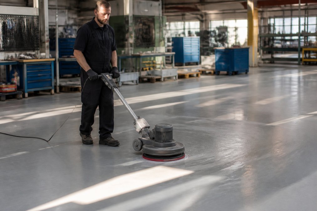 Arbejder i værktøj der opererer en professionel skuremaskine med roterende pad over et stort industrielt PVC-gulv i et værksted, med arbejdslys der kaster skygger