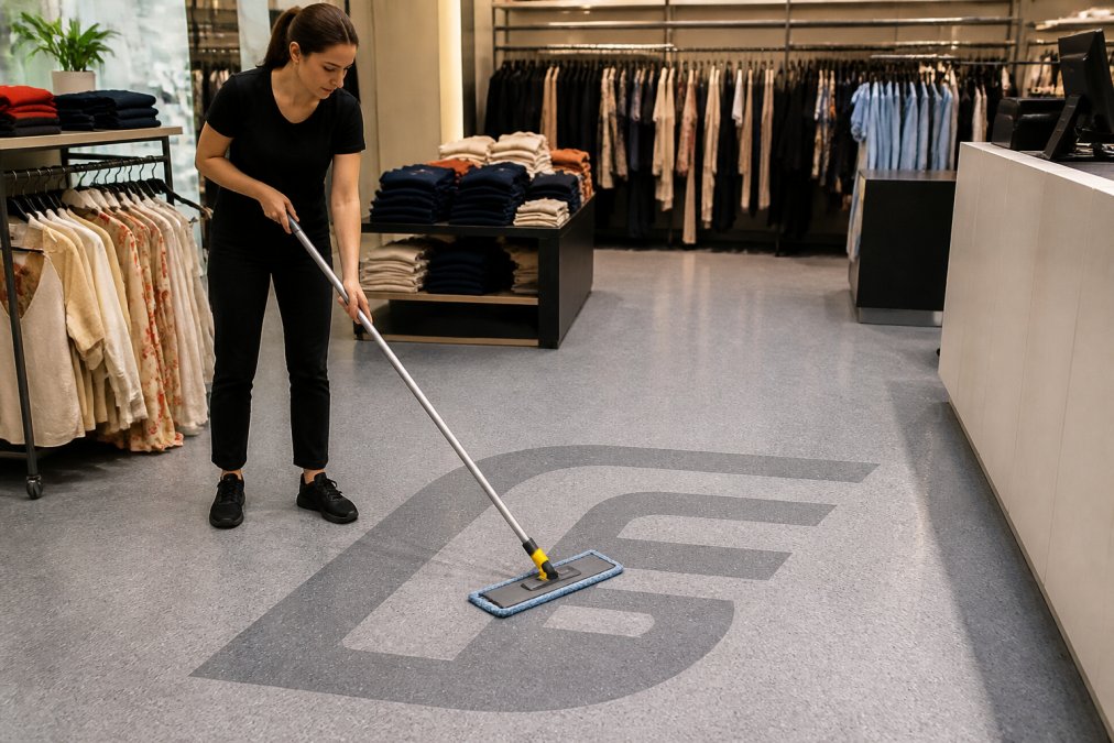 En butiksmedarbejder i uniform, der bruger en mikrofibermoppe på et vinylgulv med et synligt firmalogo trykt i gulvet, i en lys butiksindretning med tøjstativer i baggrunden