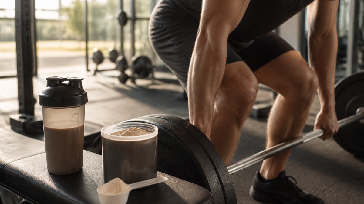 Plant-based athlete in modern gym performing heavy barbell deadlift with focused intensity, protein shake and recovery supplement visible on nearby weight bench, bright studio lighting