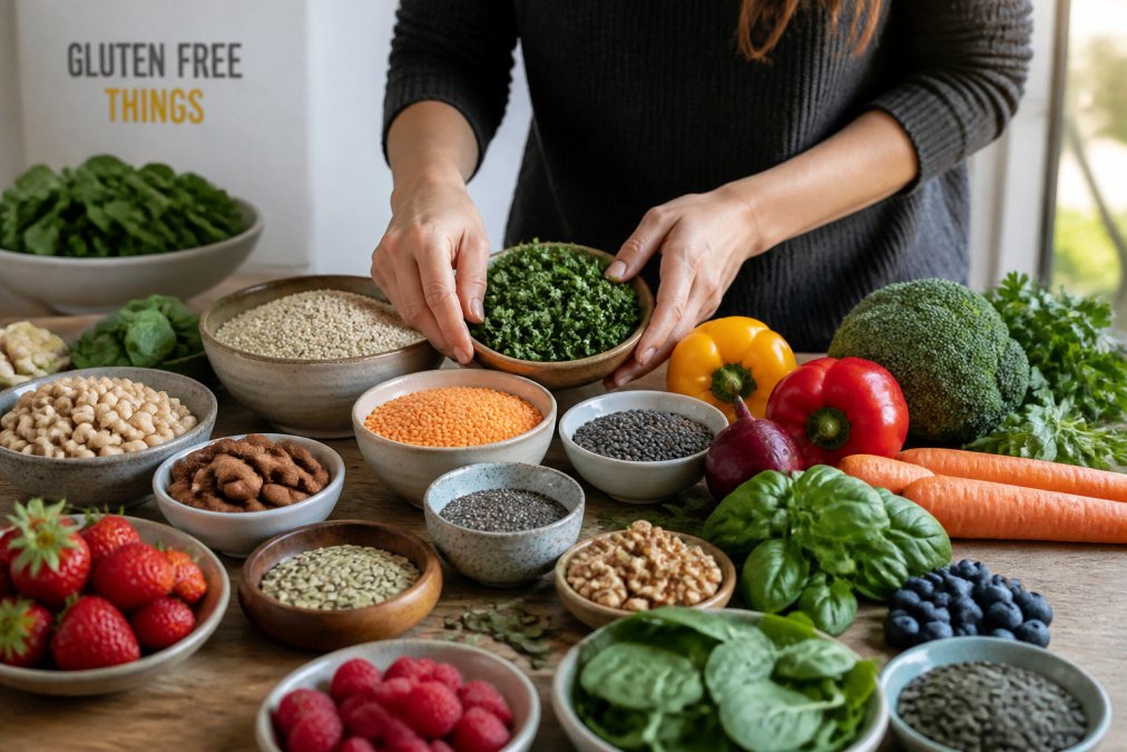 Infographic showing essential whole foods for a vegan and gluten free diet, including lentils, quinoa, and nuts.