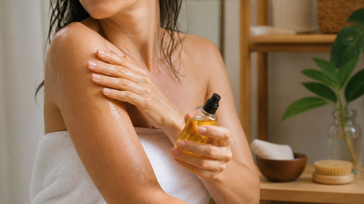 Person applying vegan body oil to arm and shoulder after shower, with water droplets still visible on skin, demonstrating post-shower application technique