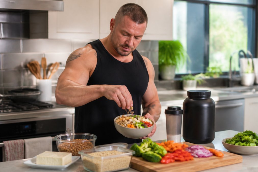 A fit athlete preparing a colorful vegan meal with tofu, lentils, quinoa, and fresh vegetables in a bright kitchen, with a protein powder container nearby