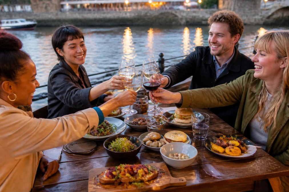 Diverse group of friends toasting with wine glasses at a riverside restaurant table, sharing plant-based dishes with genuine smiles, warm ambient lighting reflecting off water in background