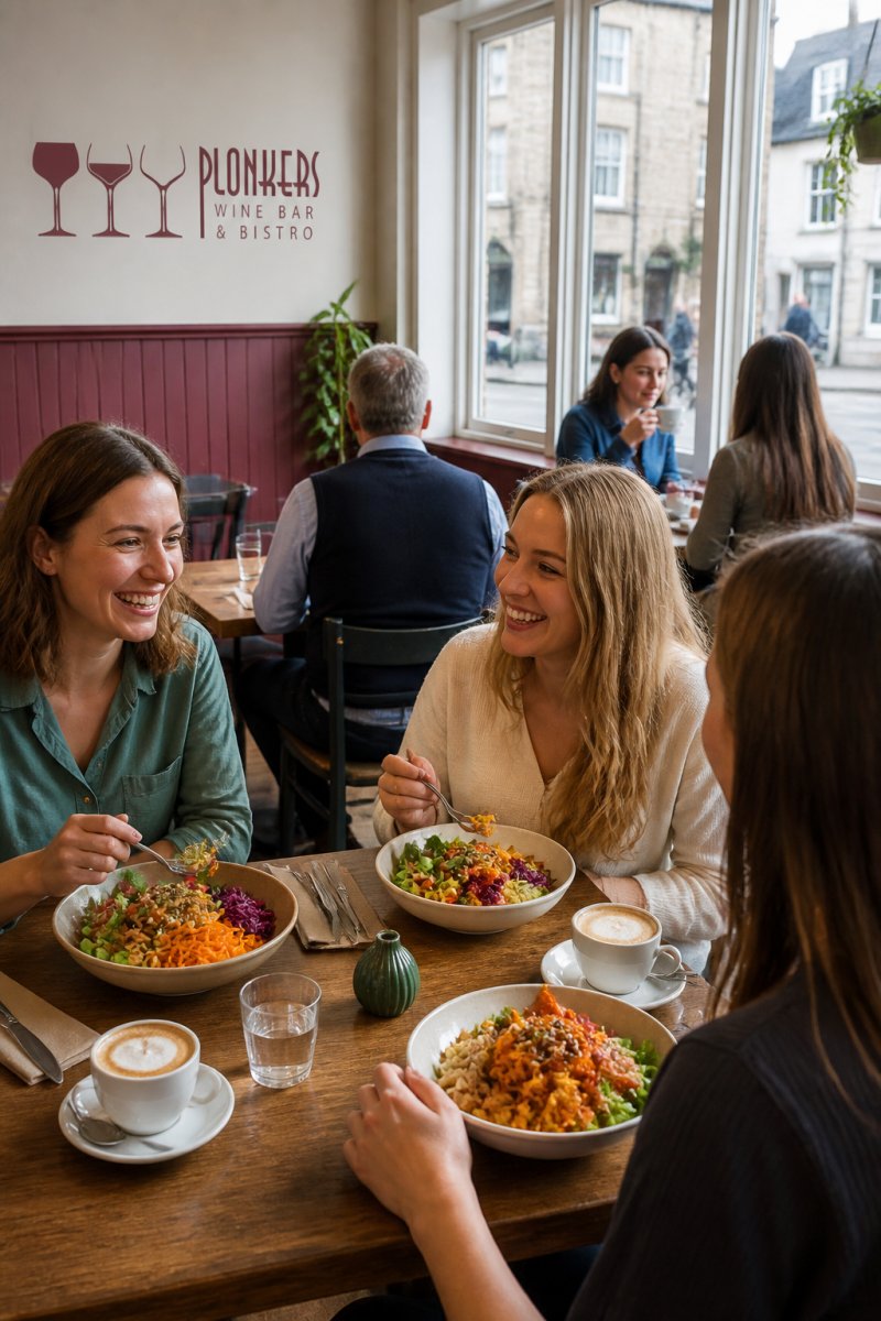 A bright York city centre café interior with diners sharing colourful plant-based salads and coffee at wooden tables, soft daylight through large windows