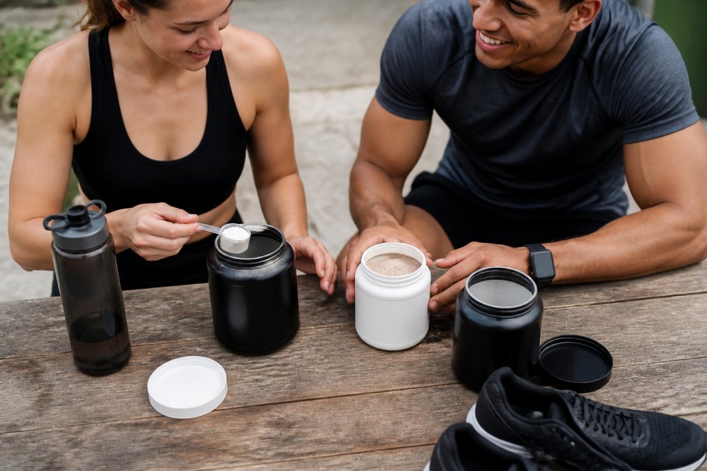 A flat lay of supplement containers, a water bottle, and running shoes on a wooden table in natural light