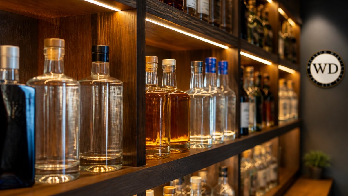 Infographic comparing key production processes for premium vegan gins, rums, and vodkas on a wooden shelf.